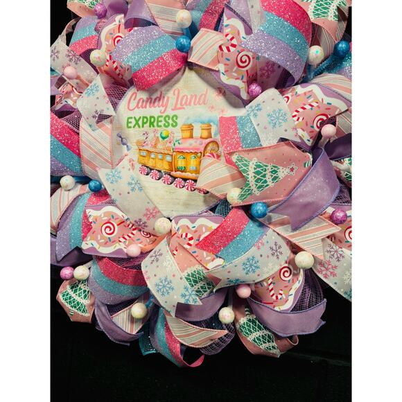 Christmas Candy Wreath, Pastel Pink Blue Purple Door Decor Handmade 22 In - Picture 5 of 6